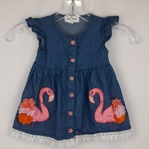 Marie Nicole Blue Pink Flamingo Flower Button Up Dainty Dress